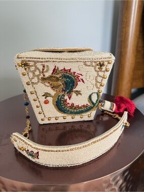 Mary Frances Fully Beaded Ivory Dragon Evening Clutch with Red Tassel NWOT